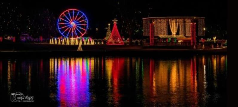 Ferris wheel and Christmas tree lit up in park overlooking river 